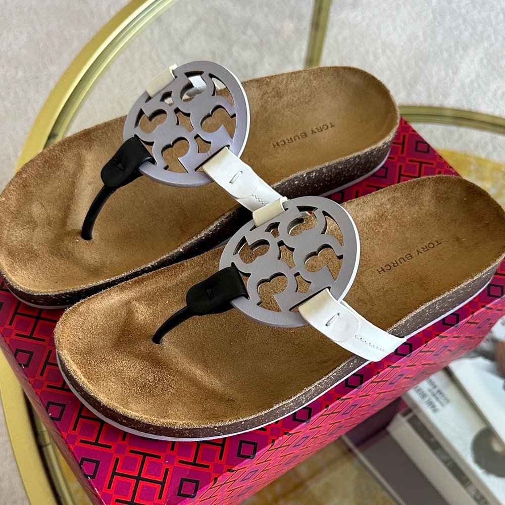 Tory Burch Spring Lavender White and Black Miller Cloud Logo Thong Sandals